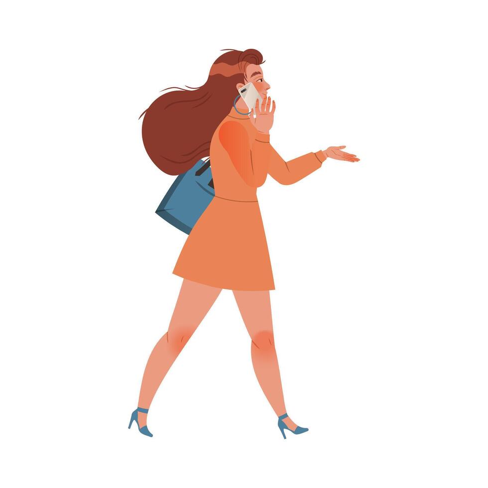 Beautiful woman with red hair walking and talking on phone cartoon illustration vector