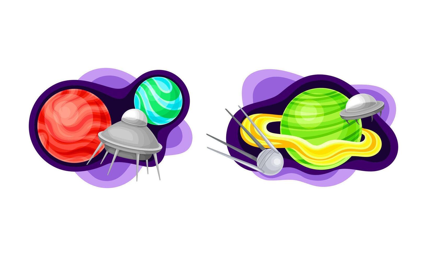 Solar System planets, alien spaceship and satellite. Fantastic cosmic illustration vector