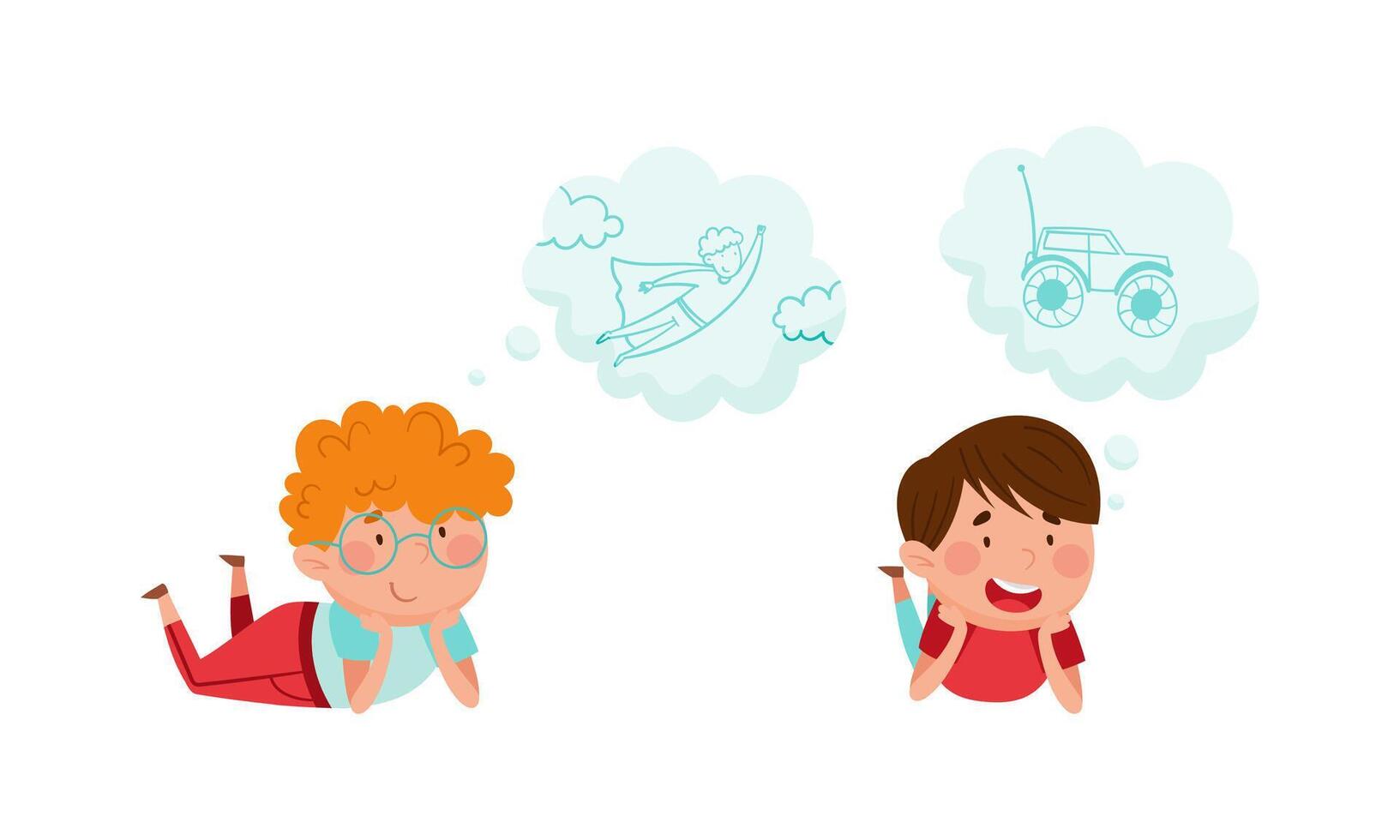 Kids with dream wishes in bubbles set. Children thinking about of becoming superhero and radio controlled car cartoon illustration vector