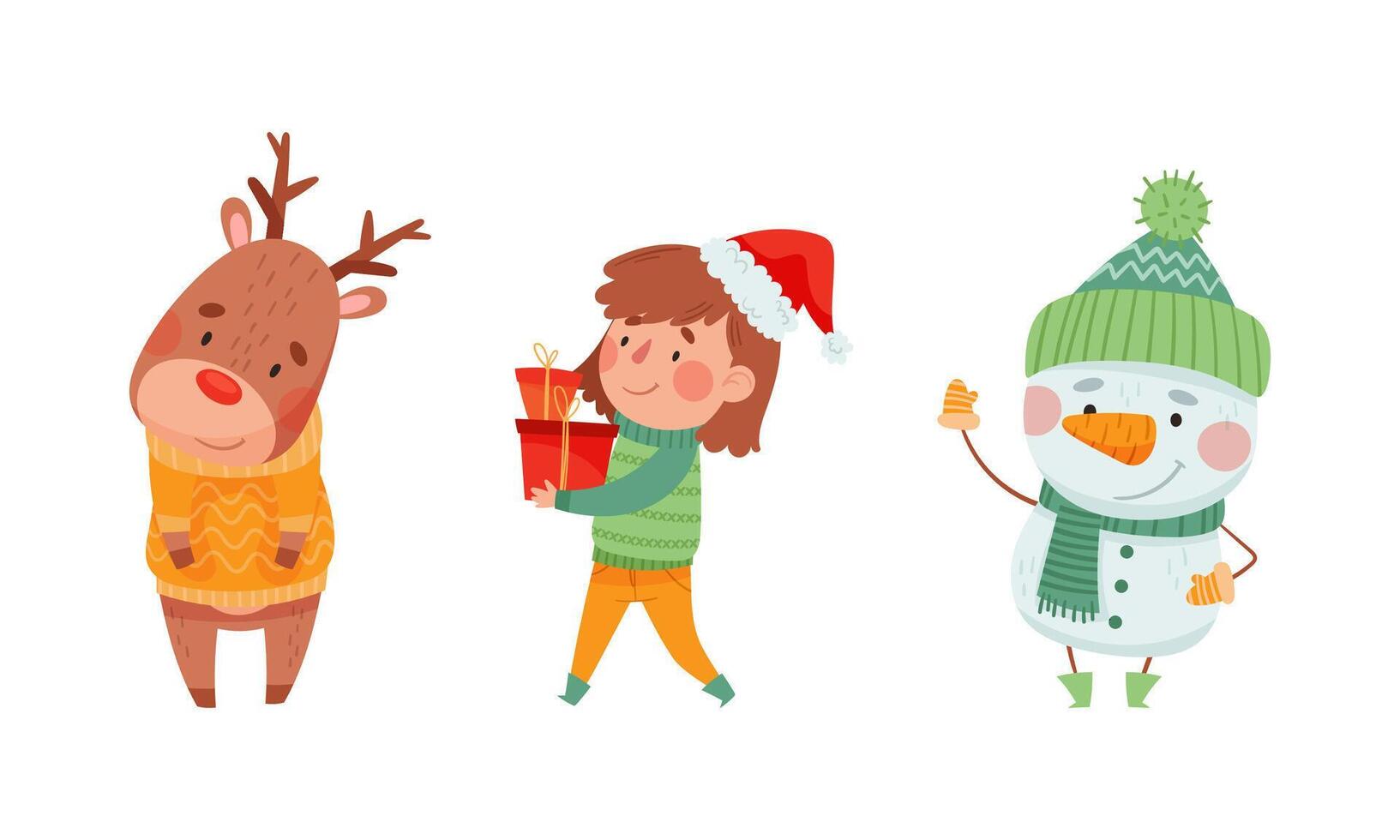 Christmas characters set. Cute girl, snowman and reindeer celebrating Xmas cartoon illustration vector