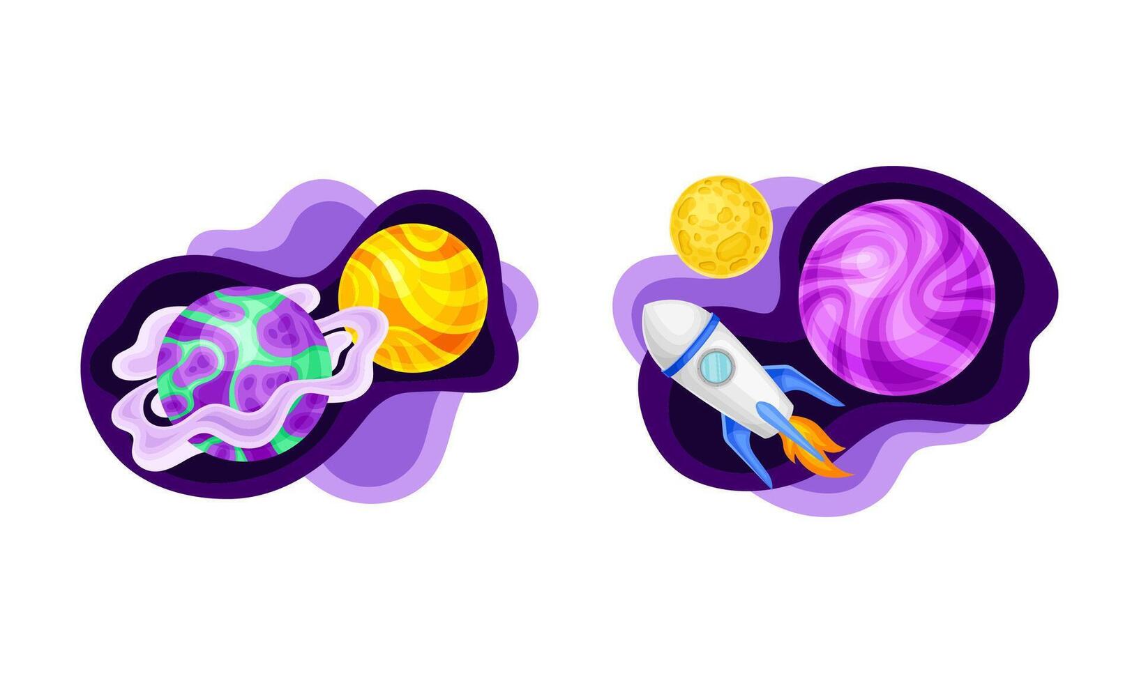 Solar System planets, moon abd space rocket. Fantastic cosmic illustration vector