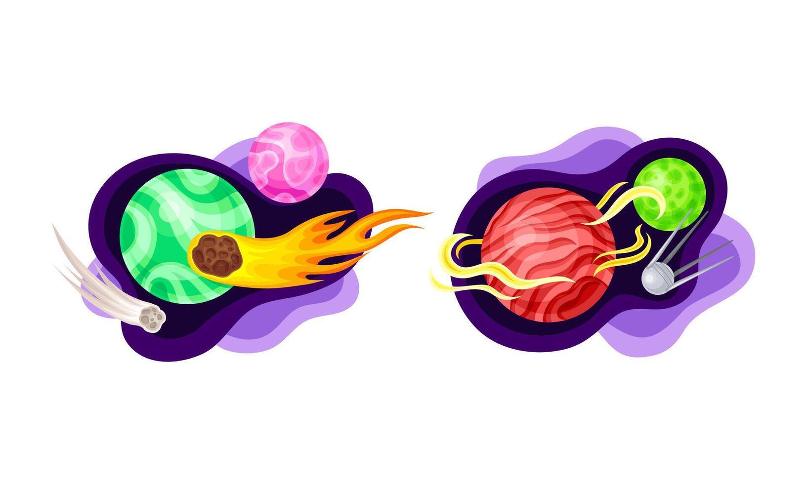 Solar System planets, meteorite and satellite. Fantastic cosmic illustration vector