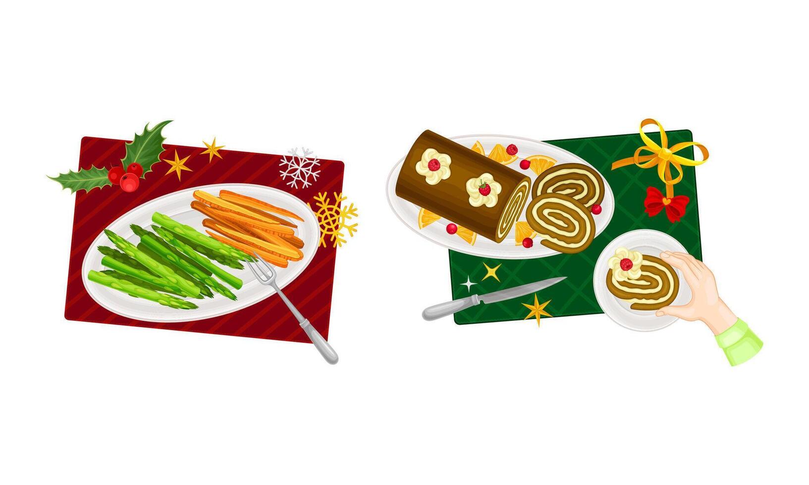 Christmas dinner table. Top view of traditional festive dishes served on plates illustration vector
