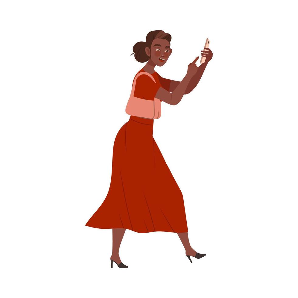 Beautiful woman in red dress walking and using smartphone cartoon illustration vector