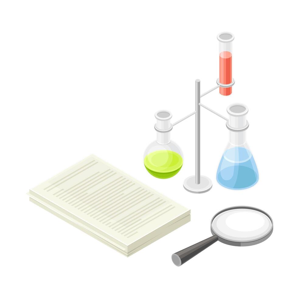 Chemistry school subject supplies. Notebook, flasks and magnifying glass isometric illustration vector