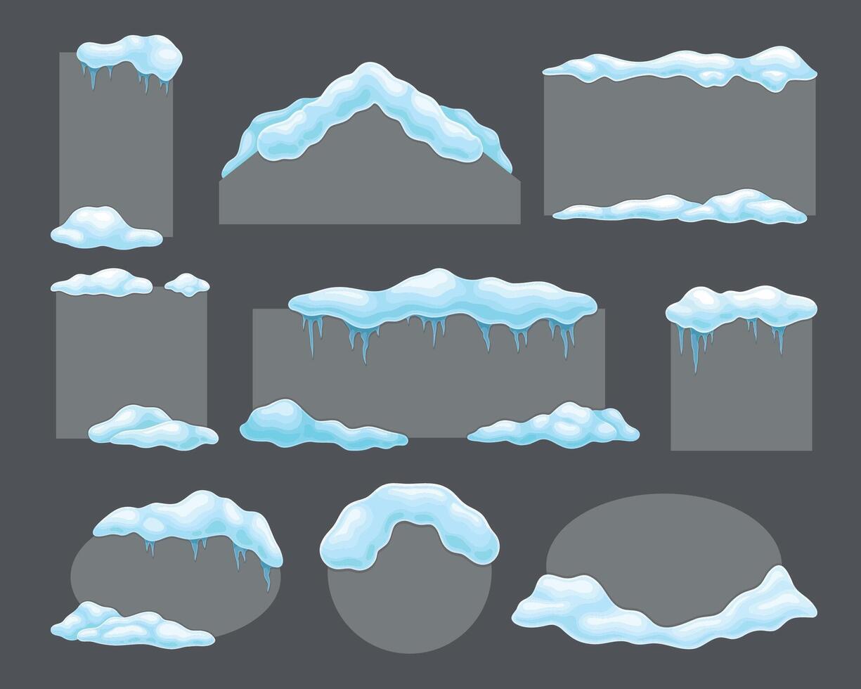 Blank frozen banner with snow and icicles of various shapes set, cold season holiday frames cartoon illustration vector