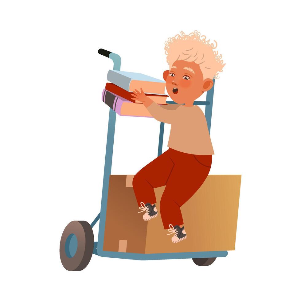 Cute boy sitting on cardboard boxes on push cart moving to new place cartoon illustration vector