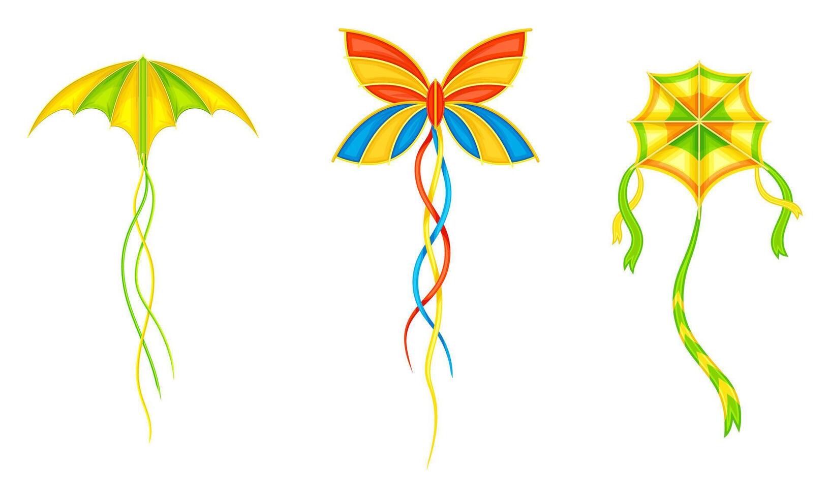Bright flying kites set. Festival kite of different shapes with ribbons, summer game toy cartoon illustration vector