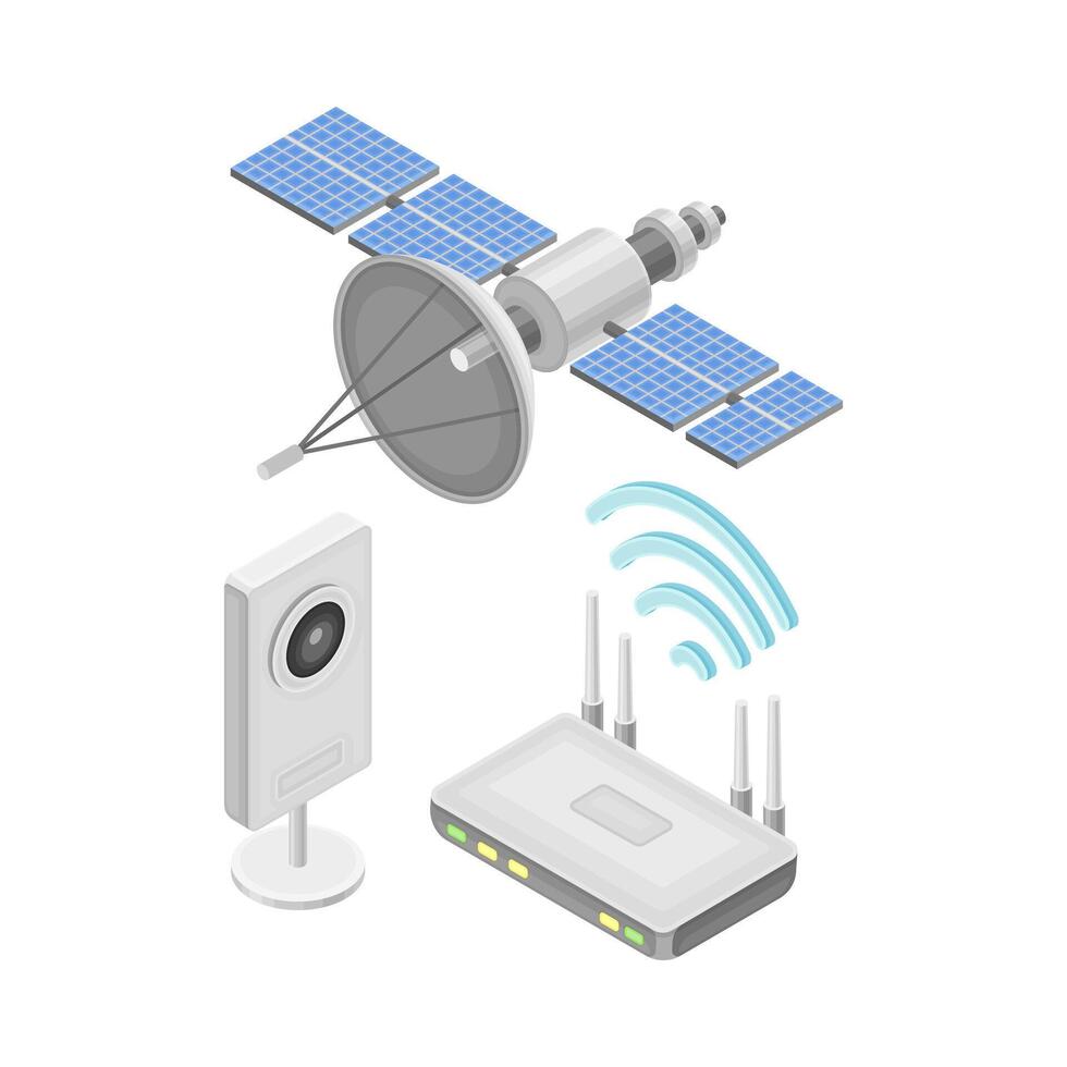 Space satellite communication. Antenna for receiving radio and television signal isometric illustration vector