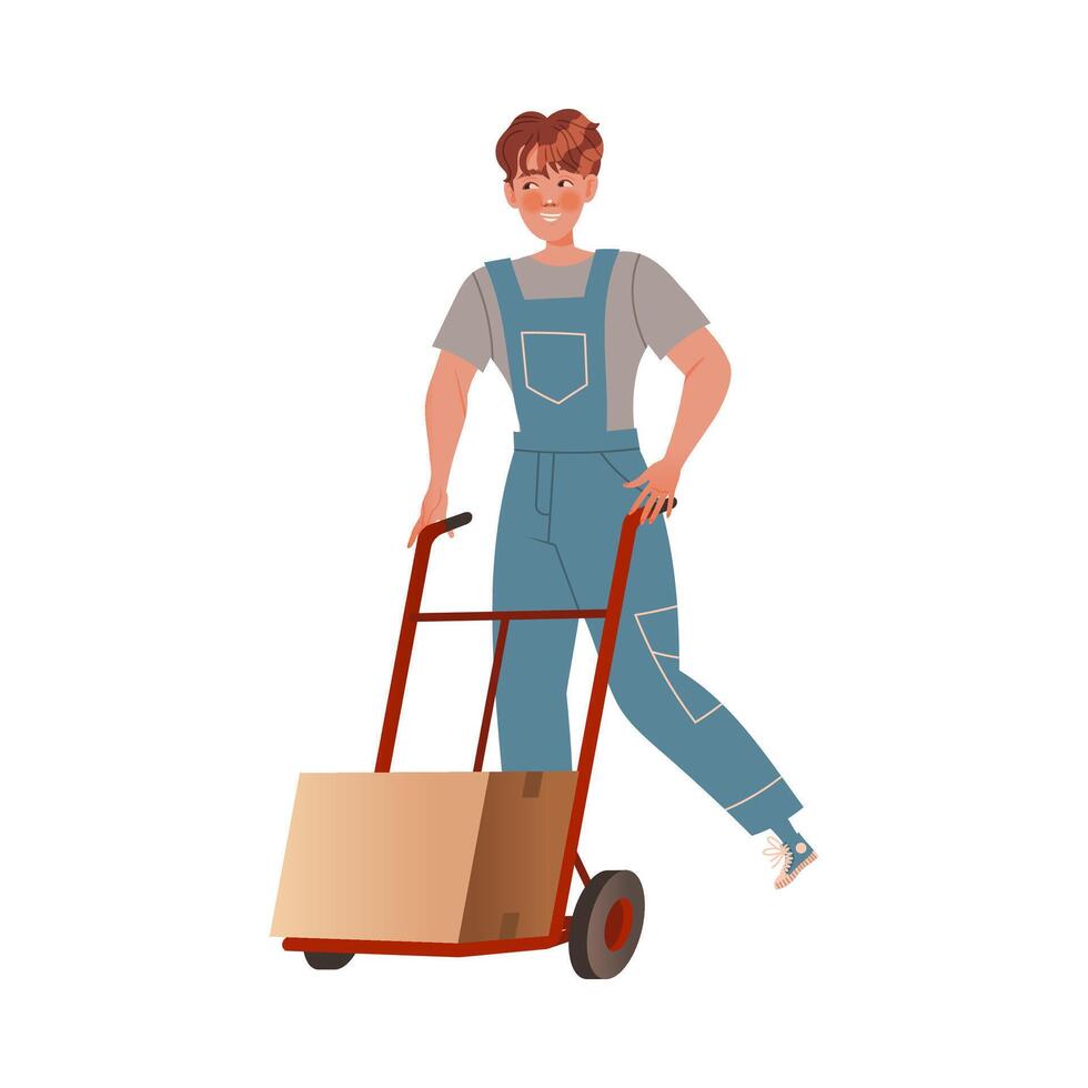 Delivery man in overalls using push cart to move boxes cartoon illustration vector