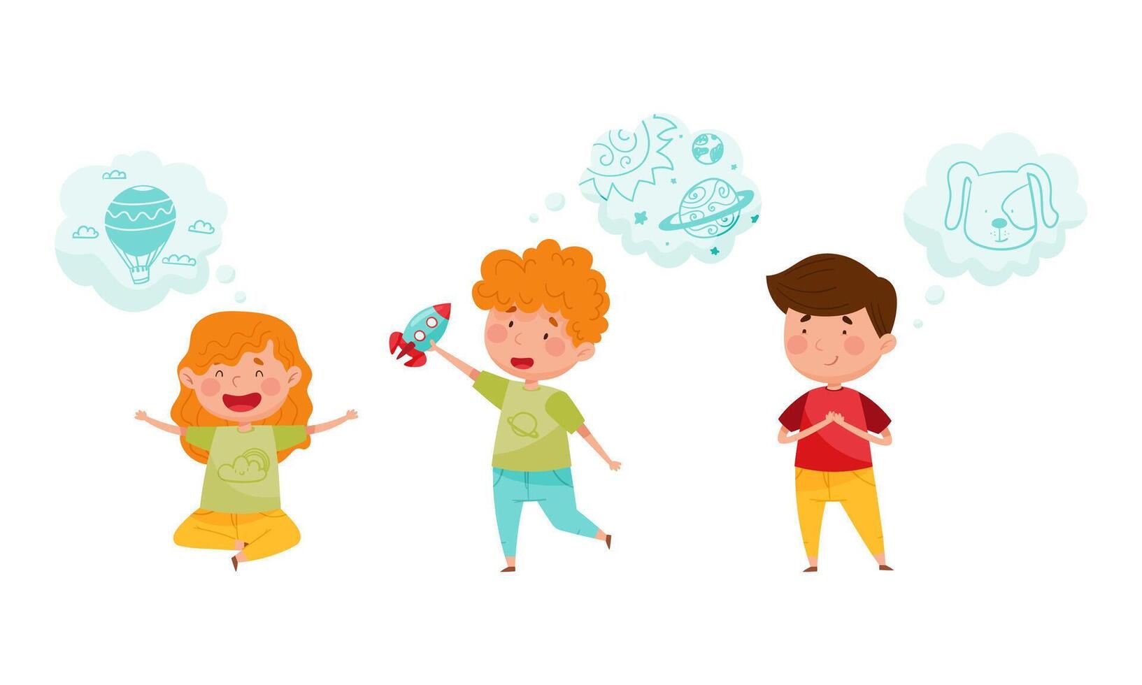 Kids with dream wishes in bubbles set. Children thinking about of flying in hot air balloon, space and dog cartoon illustration vector