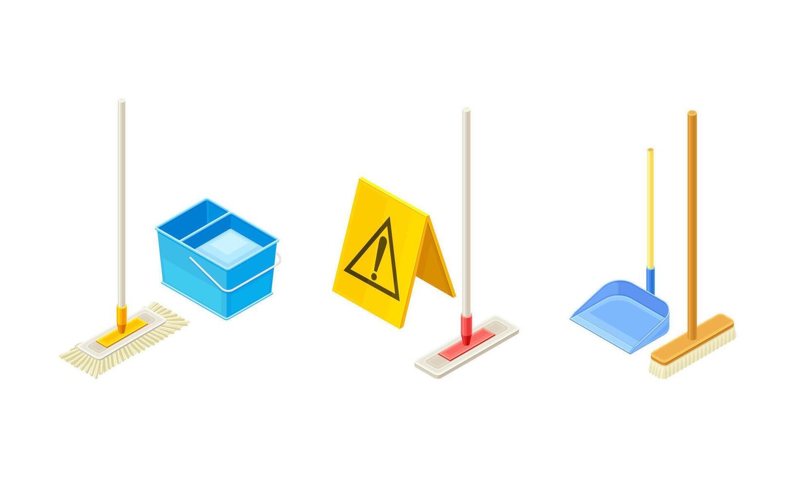 Household Cleaning Equipment with Mop, Broom and Dustpan Isometric Composition Set vector