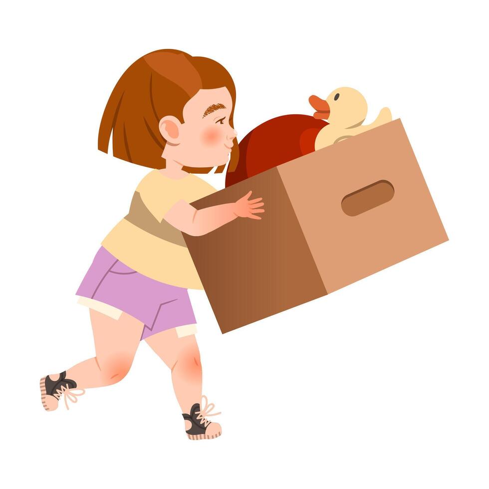 Cute little girl carrying cardboard box with toys. Family moving to new apartment cartoon illustration vector