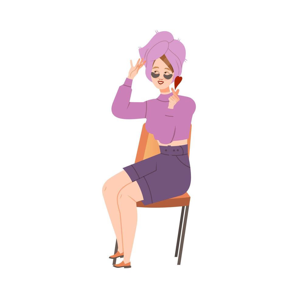 Young girl with towel on her head and cosmetic patches under her eyes sitting on chair. Beauty blogger cartoon illustration vector