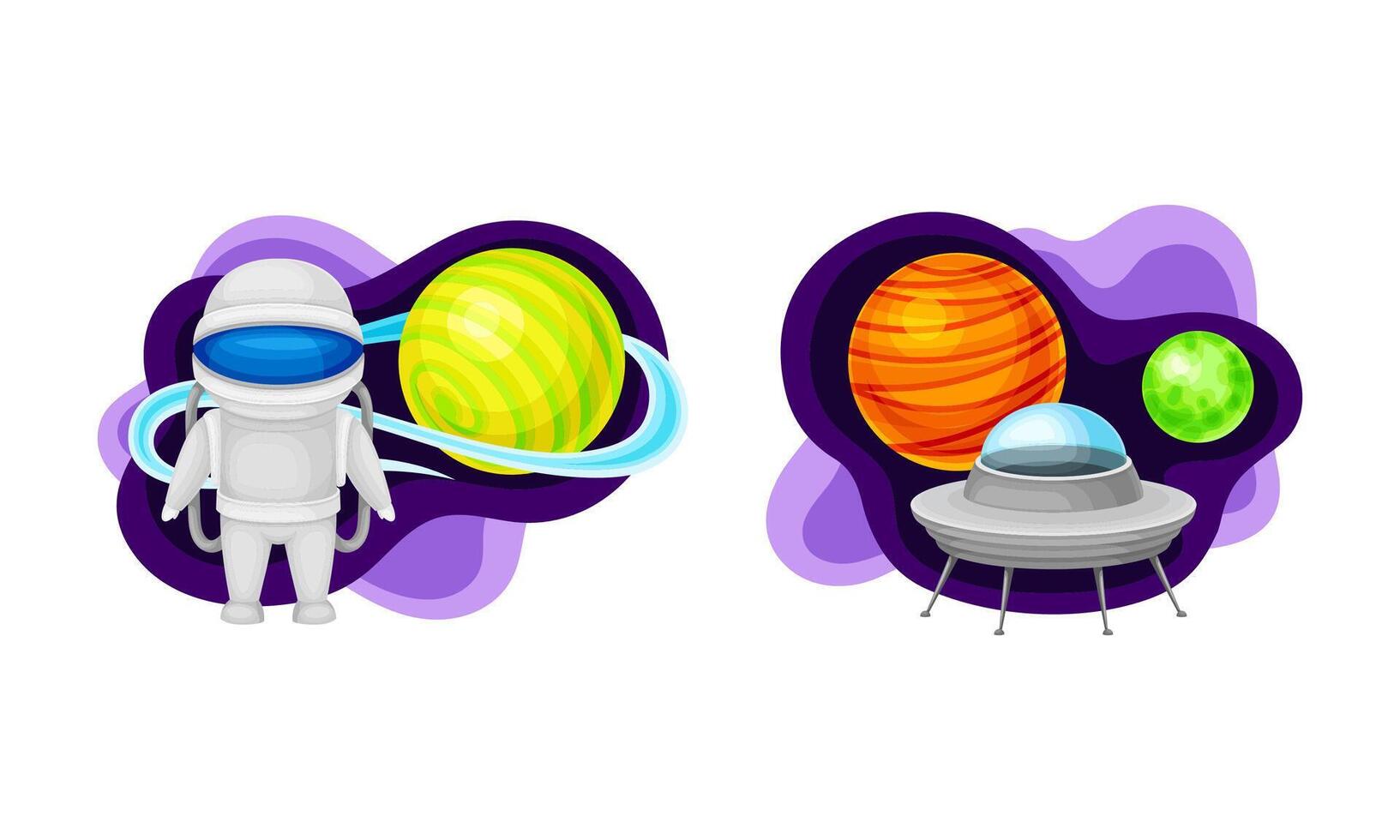Solar System planets, space planets and alien spaceship. Fantastic cosmic illustration vector