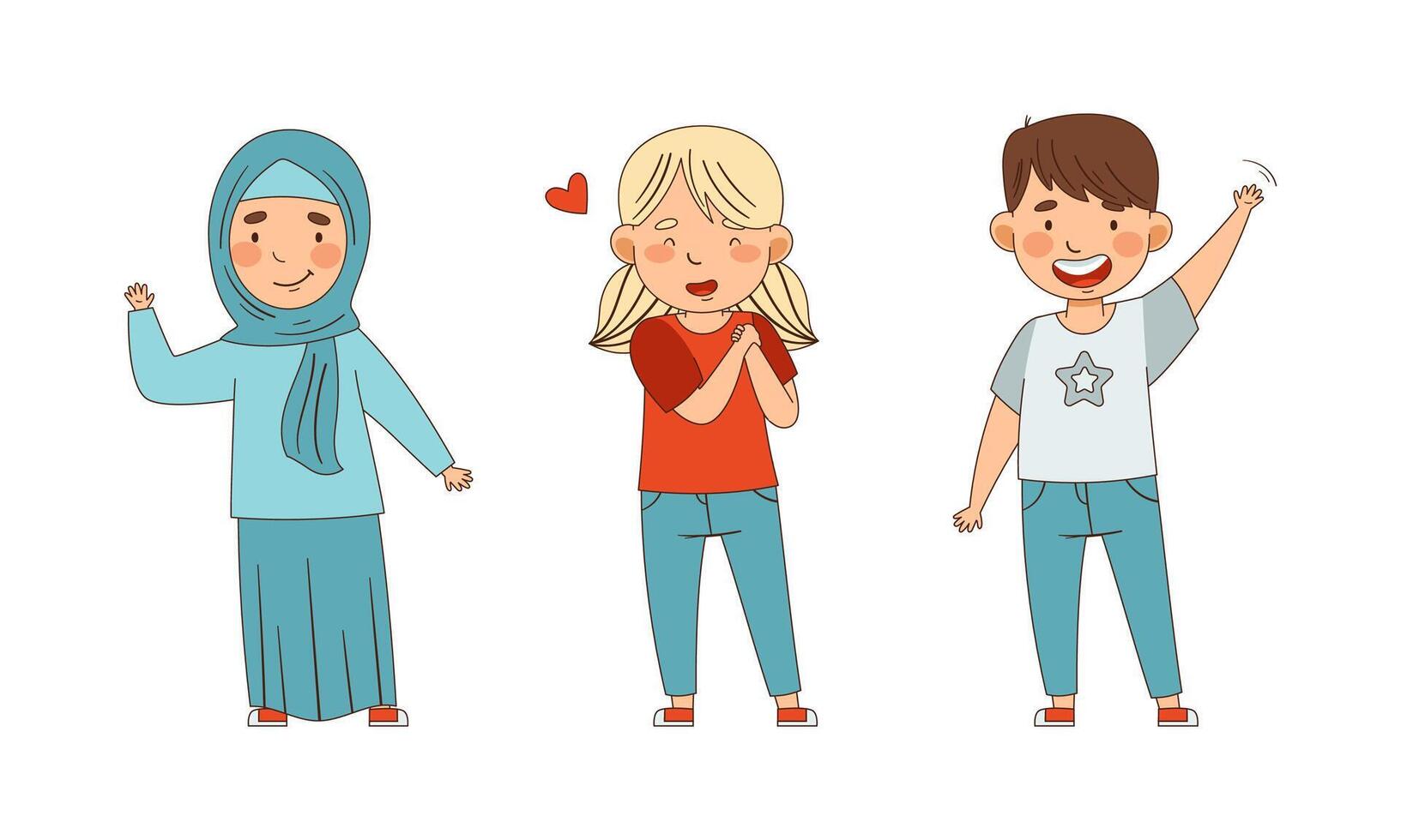 Emoji Girl and Boy Showing Hand Gesture Waving and Expressing Love Set vector