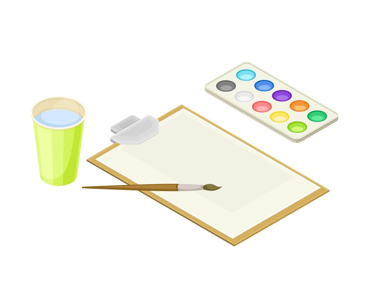 Art class. Painting materials school supplies isometric illustration vector