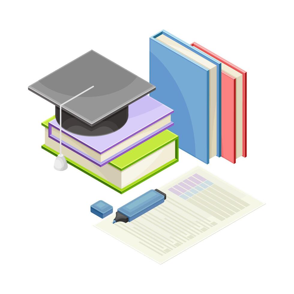 School supplies set. Stack of books, notebook, marker, graduation cap isometric illustration vector