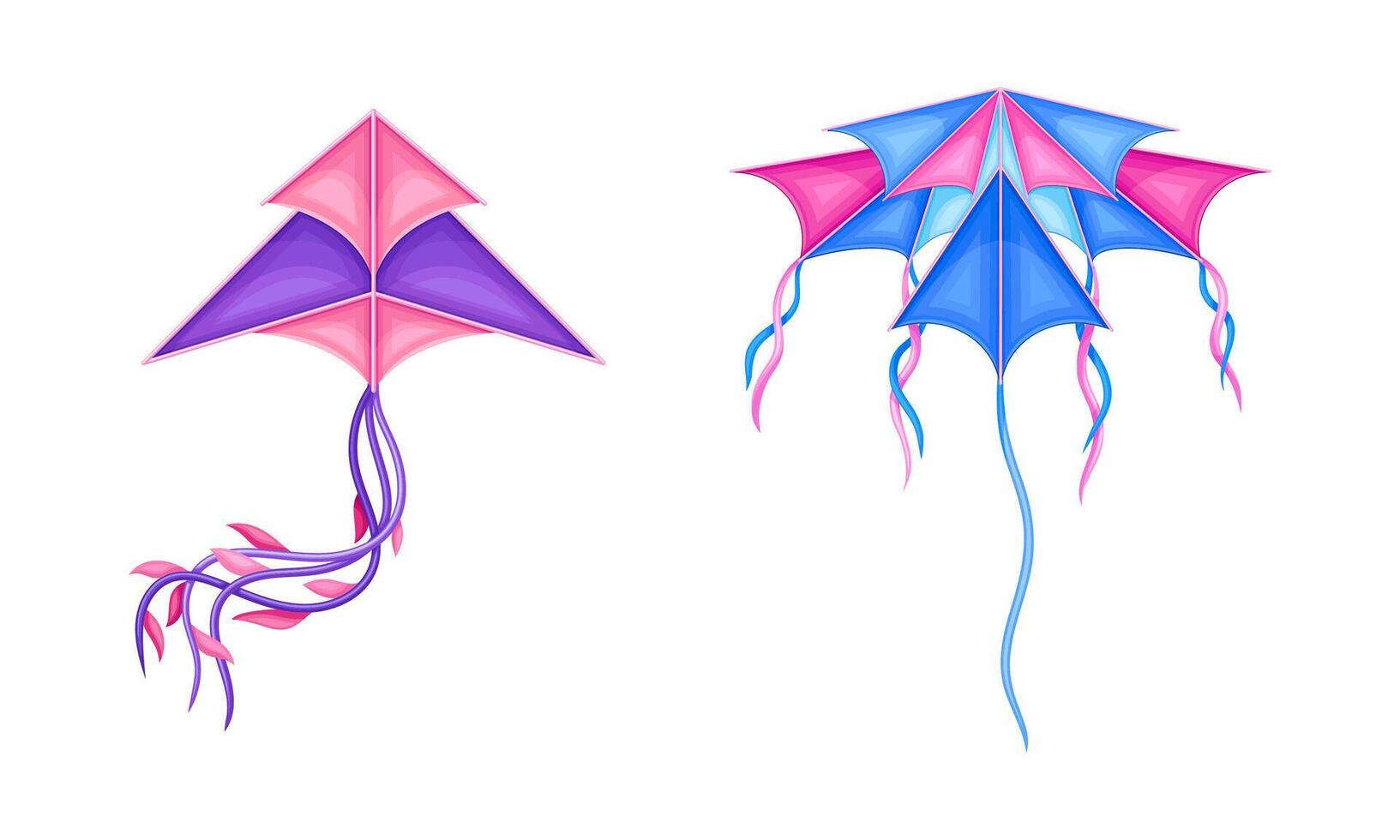 Colorful flying kites with ribbons, summer game element cartoon illustration vector