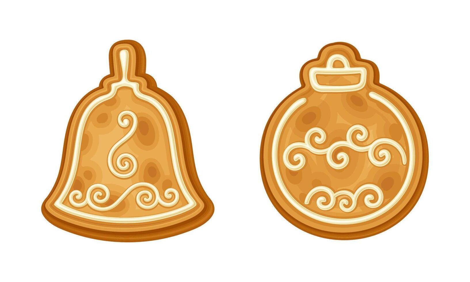 Gingerbread cookies of various shapes set. Baked festive biscuits in icing sugar cartoon illustration vector