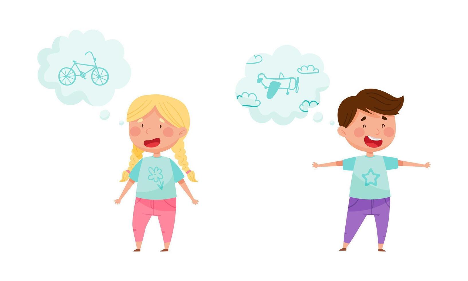 Kids with dream wishes in bubbles set. Children thinking about of flying on airplane and new bike cartoon illustration vector