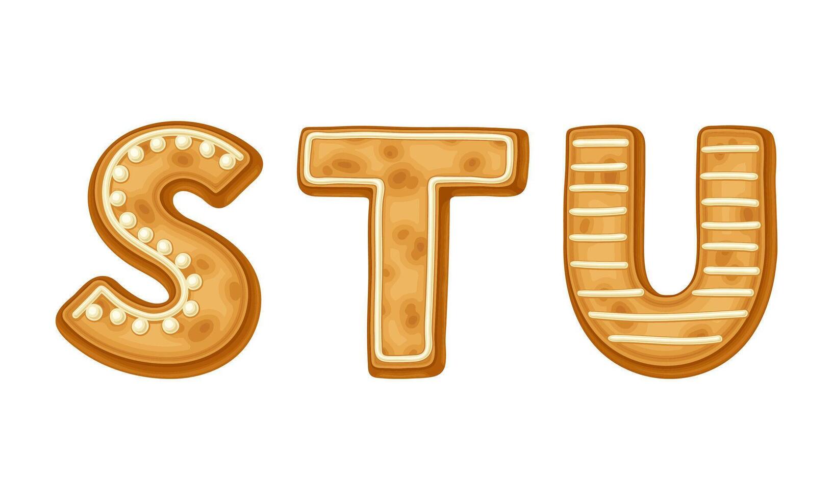 S,T,U letters covered by icing sugar. Ginger cookies Christmas alphabet cartoon illustration vector