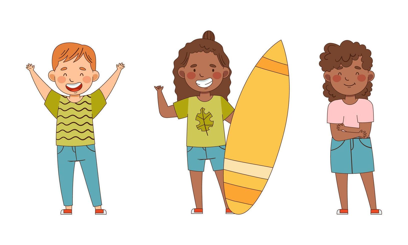Emoji Girl and Boy Showing Shaka Sign and Raising Hands Set vector