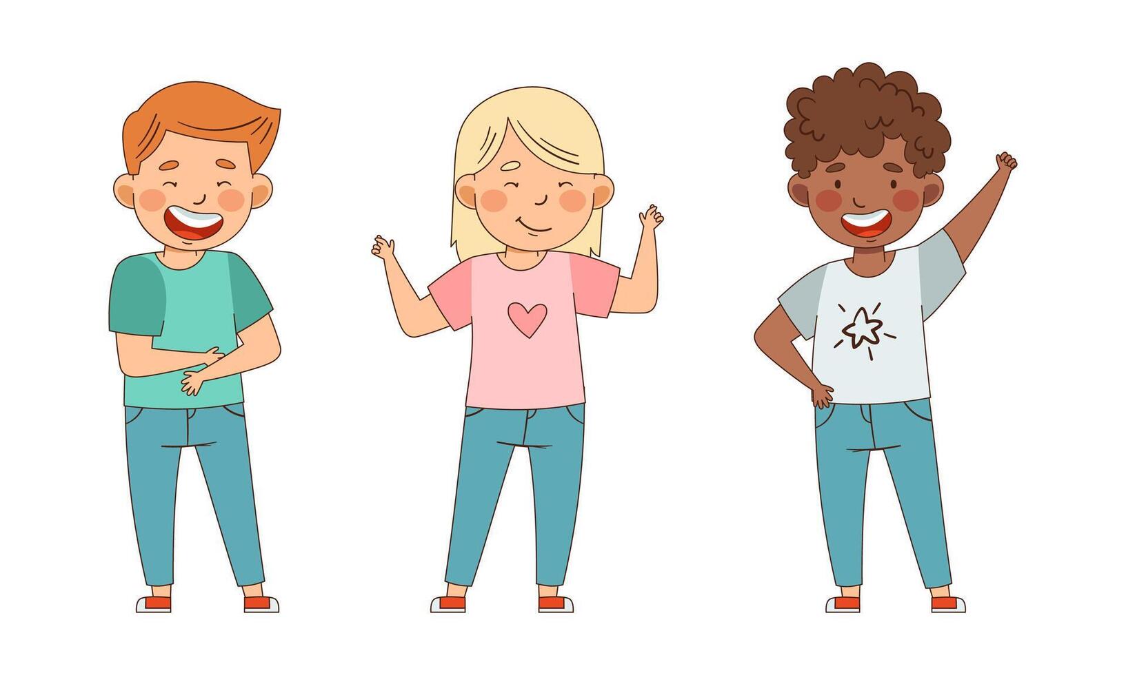 Emoji Girl and Boy Showing Hand Gesture and Laughing Set vector