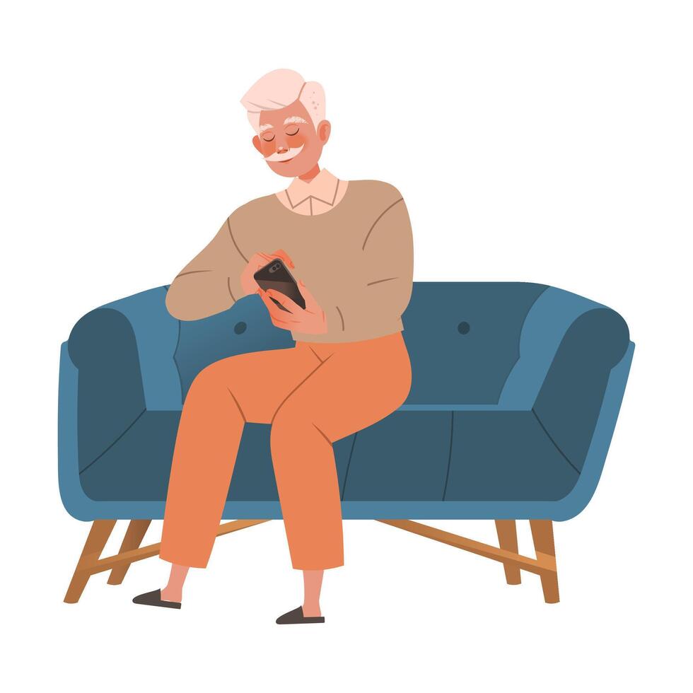 Young man sitting on sofa using smartphone cartoon illustration vector