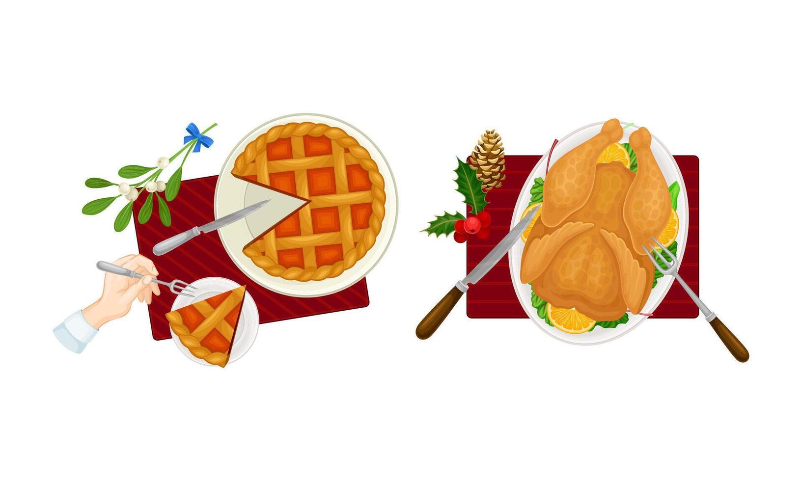 Christmas Eve traditional dishes set. Top view of pie and roasted turkey festive dishes served on plate illustration vector