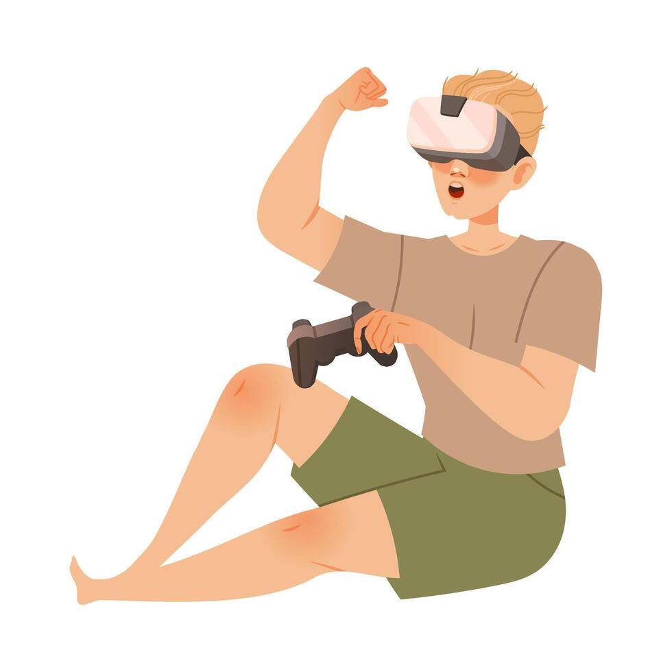 Teenage boy sitting on floor and gaming with virtual reality glasses and game controller cartoon illustration vector