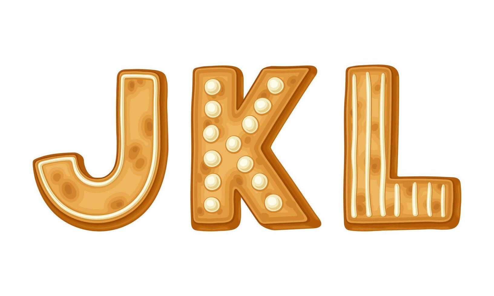 J,K,L letters covered by icing sugar. Ginger cookies Christmas alphabet cartoon illustration vector