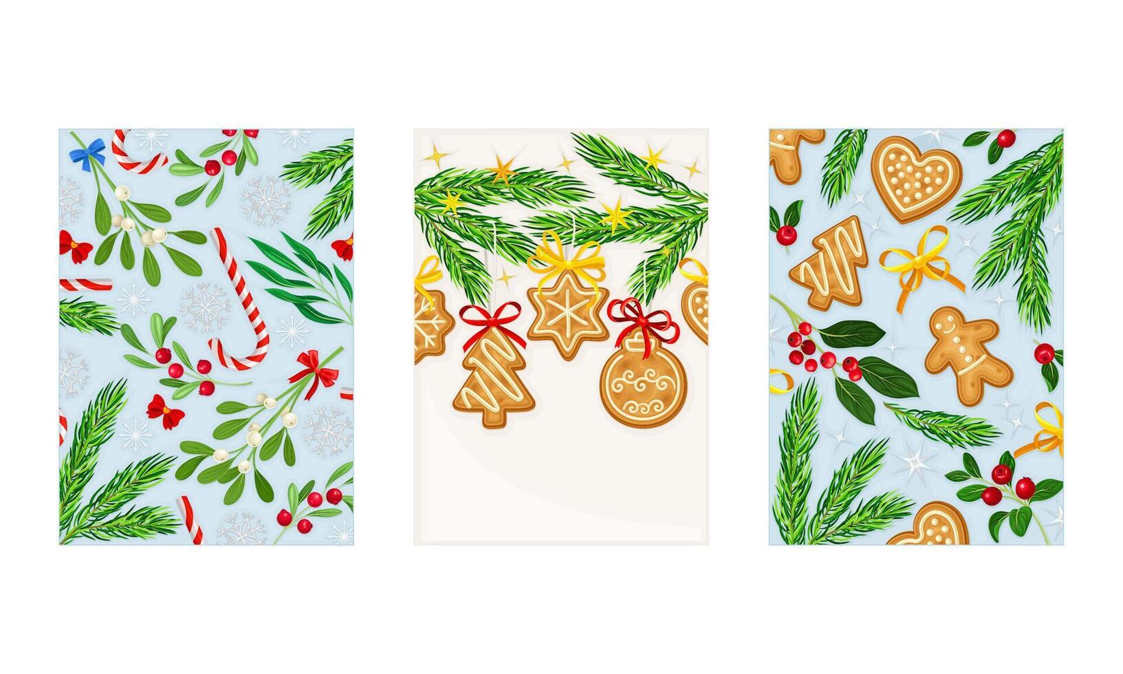 Merry Christmas and Happy New Year Holidays card templates with gingerbread cookies, candles, holly berries and leaves illustration vector