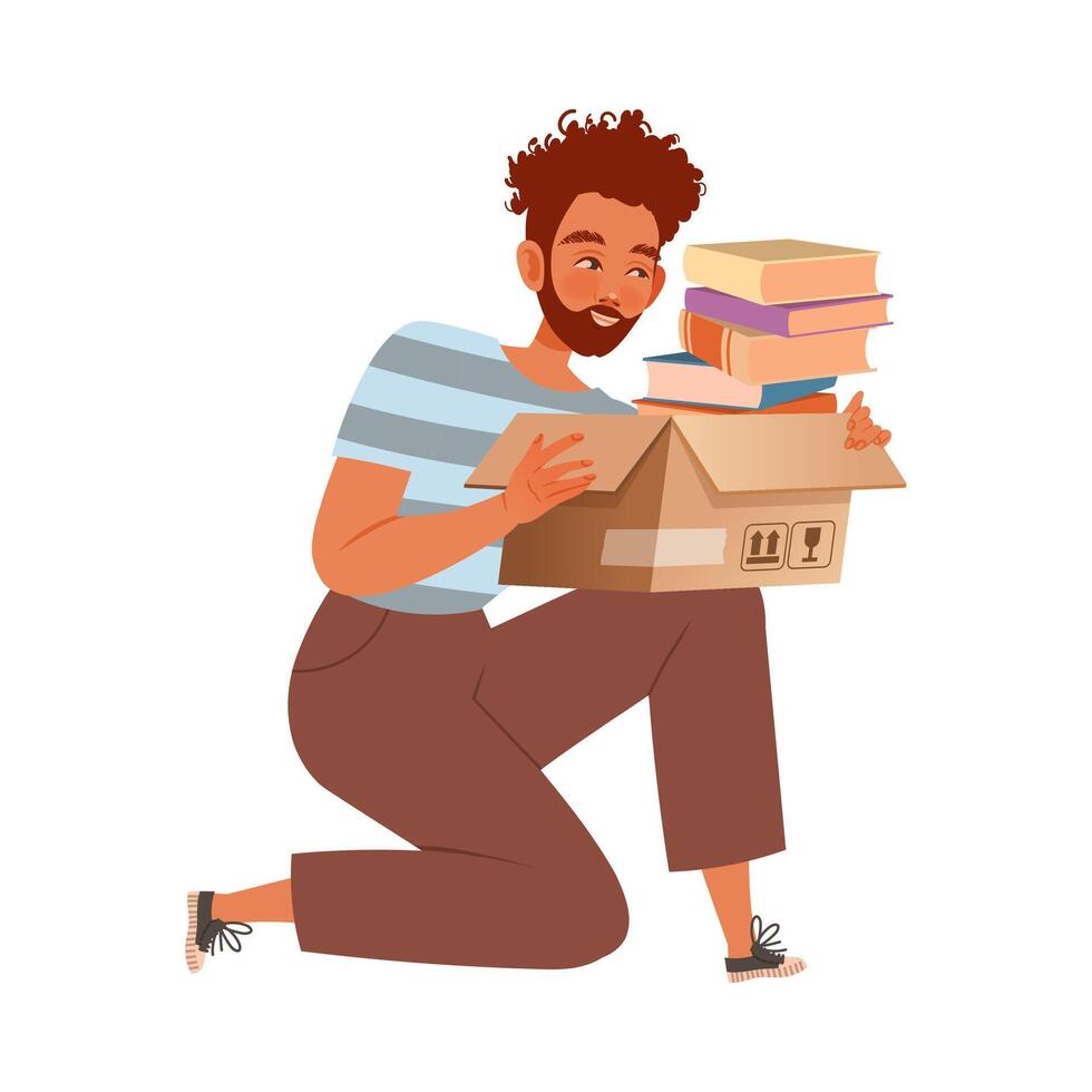 Man carrying cardboard boxes with household stuff. Apartment moving, house warming cartoon illustration vector