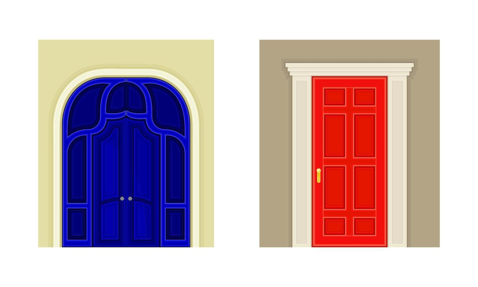 Vintage style closed doors set. Classic facade exterior, arched and rectangular entries illustration vector