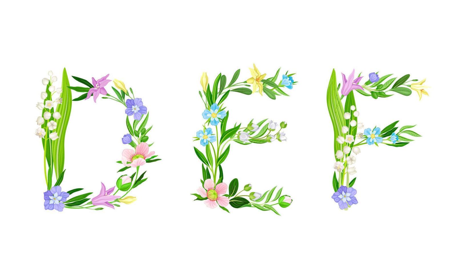 D,E,F uppercase letters made of leaves and flowers. Floral alphabet for wedding, invitation greeting card design cartoon illustration vector
