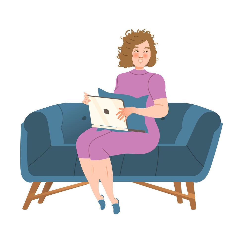 Young woman sitting on sofa with laptop computer. Woman using modern device at home cartoon illustration vector