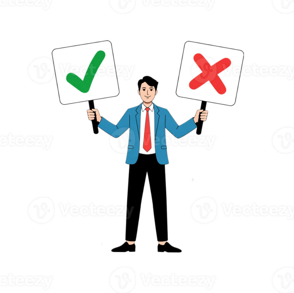 A businessman holds signs displaying a green check mark and a red cross illustrating decision-making concepts for business presentations marketing materials and web design projects png