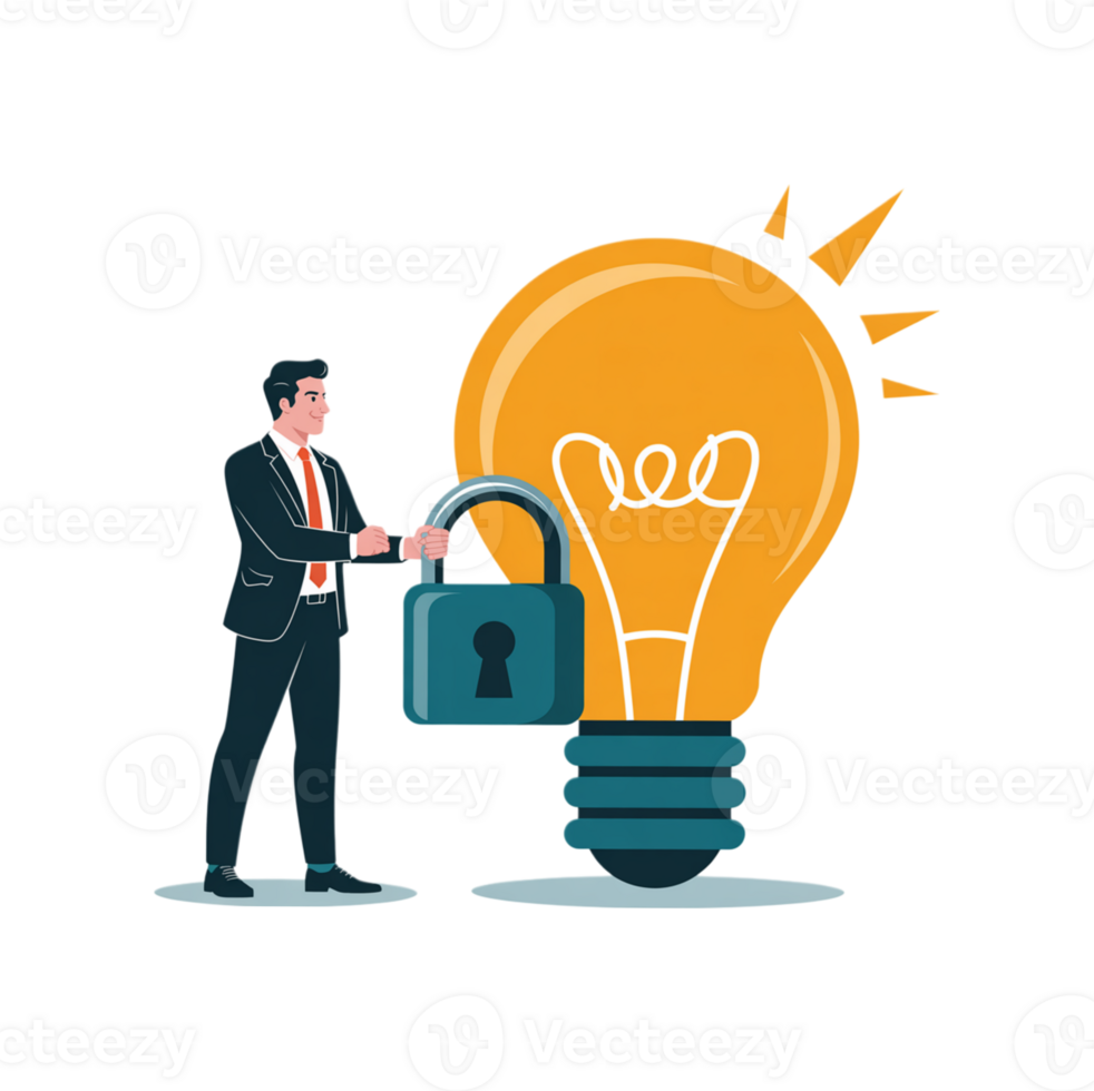 Secure Business Ideas Protection Concept Illustration featuring a businessman unlocking a padlock on a bright lightbulb symbolizing innovative solutions and intellectual property safeguarding png