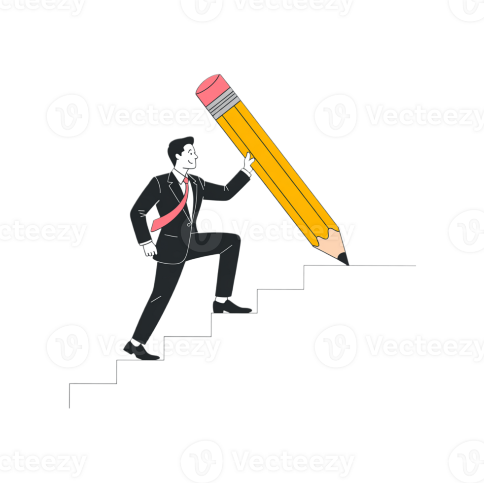 A businessman ascends a staircase drawn by a giant pencil symbolizing career growth and progress upward steps success achievement ambition business goals leadership strategy png