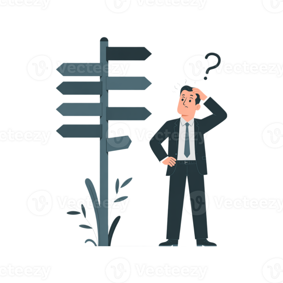 A businessman contemplates a decision at a crossroads signpost signifying choices and uncertainty in business strategy and career paths png