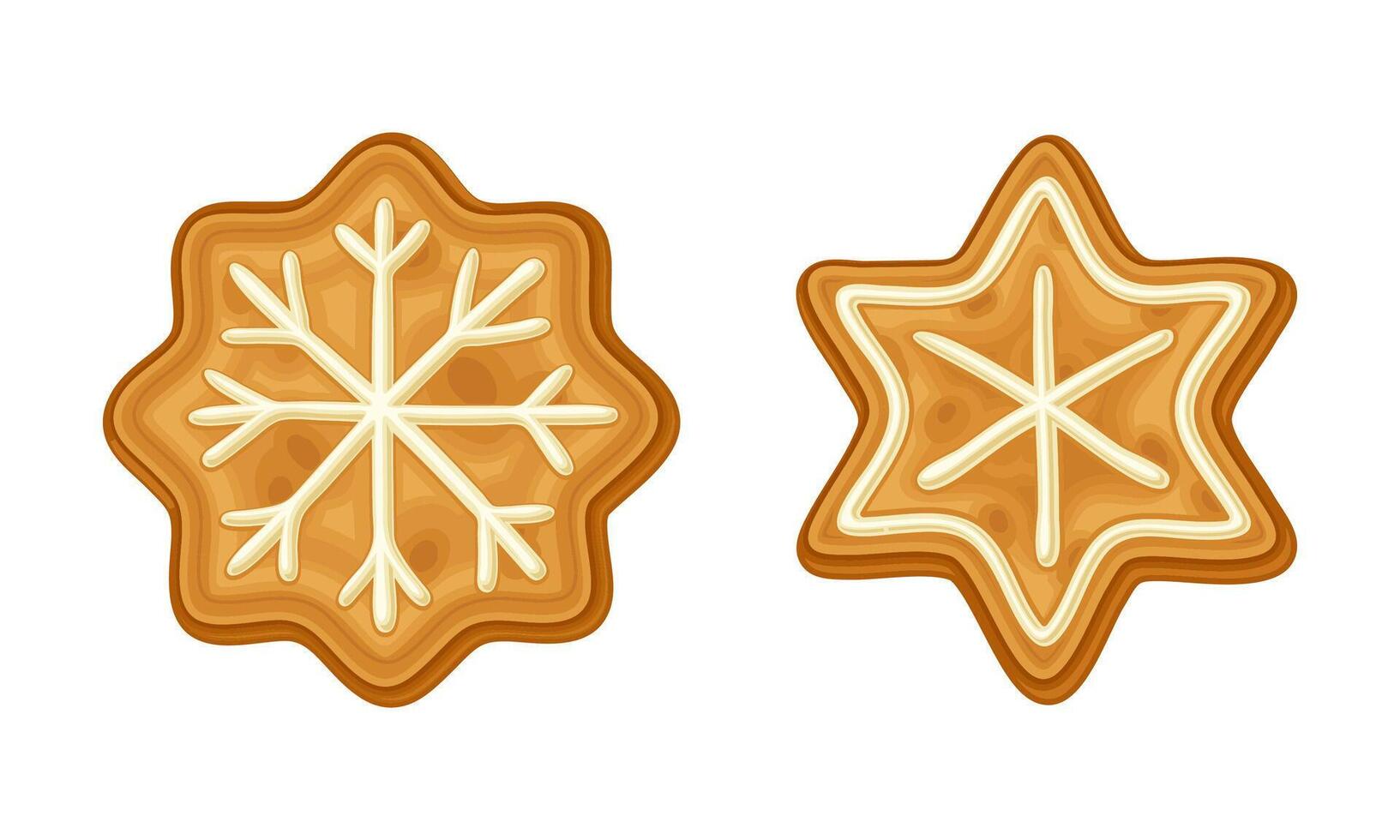 Gingerbread cookies of snowflake and star shape set. Baked festive biscuits in icing sugar cartoon illustration vector