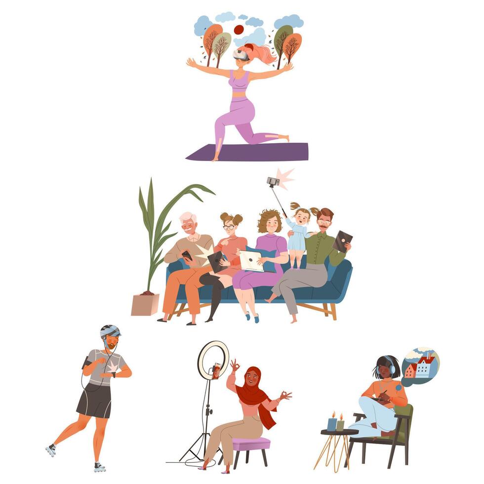 Young people using modern gadgets set. Men and women chatting, making selfie, broadcasting live cartoon illustration vector