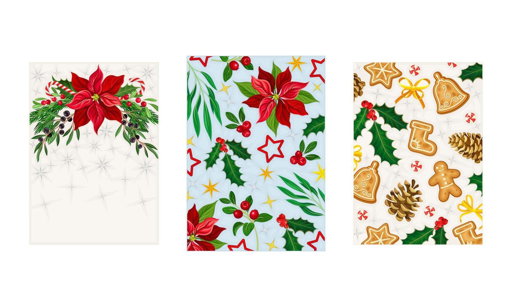 Merry Christmas and Happy New Year Holidays card, backgrounds with cookies, poinsettia flowers, omella leaves illustration vector