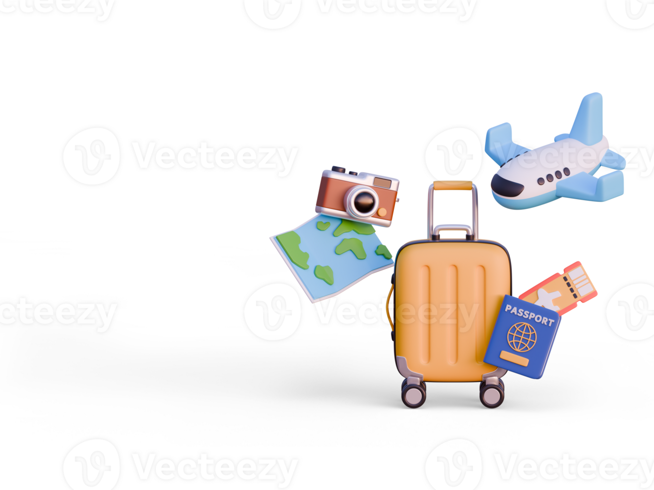 3D Travel Scene. Yellow suitcase with Plane, Passport, Ticket, Camera and Map. 3D Design Objects. Time to Travel banner png