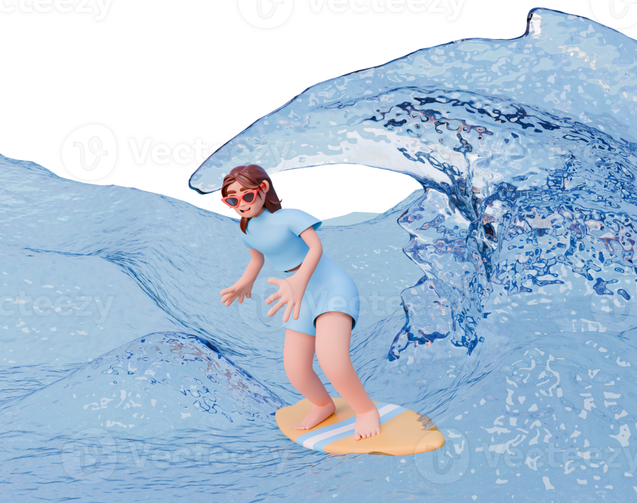 3D Summer Scene Girl Surfing. 3D Character on Surfboard in Ocean. Design for Summer Travel Posters png