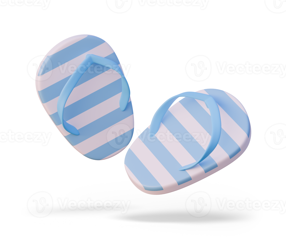 3D Rendering Stylized Striped Flip Flops with shadow - Blue and White Beach Sandals, Summer Shoes, 3d illustration. Design for summer concept png