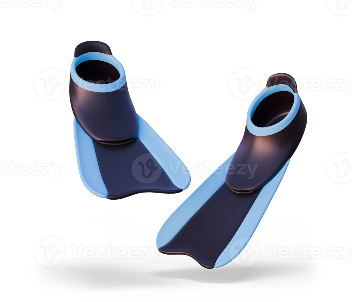 3D Rendering Stylized Flippers with shadow - Blue and Black. Diving Equipment, 3d illustration. Design for summer concept png