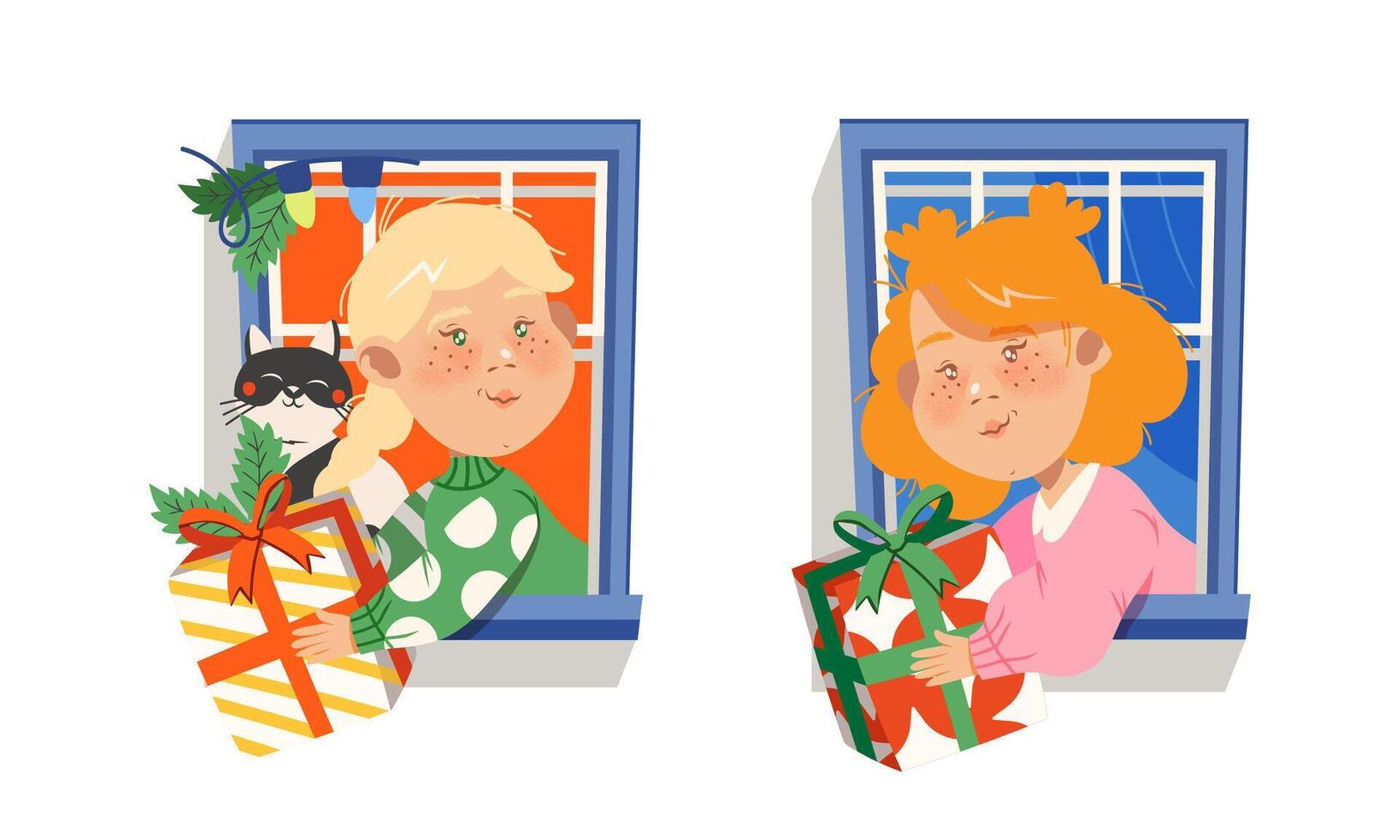 Kids with gifts by the window vector