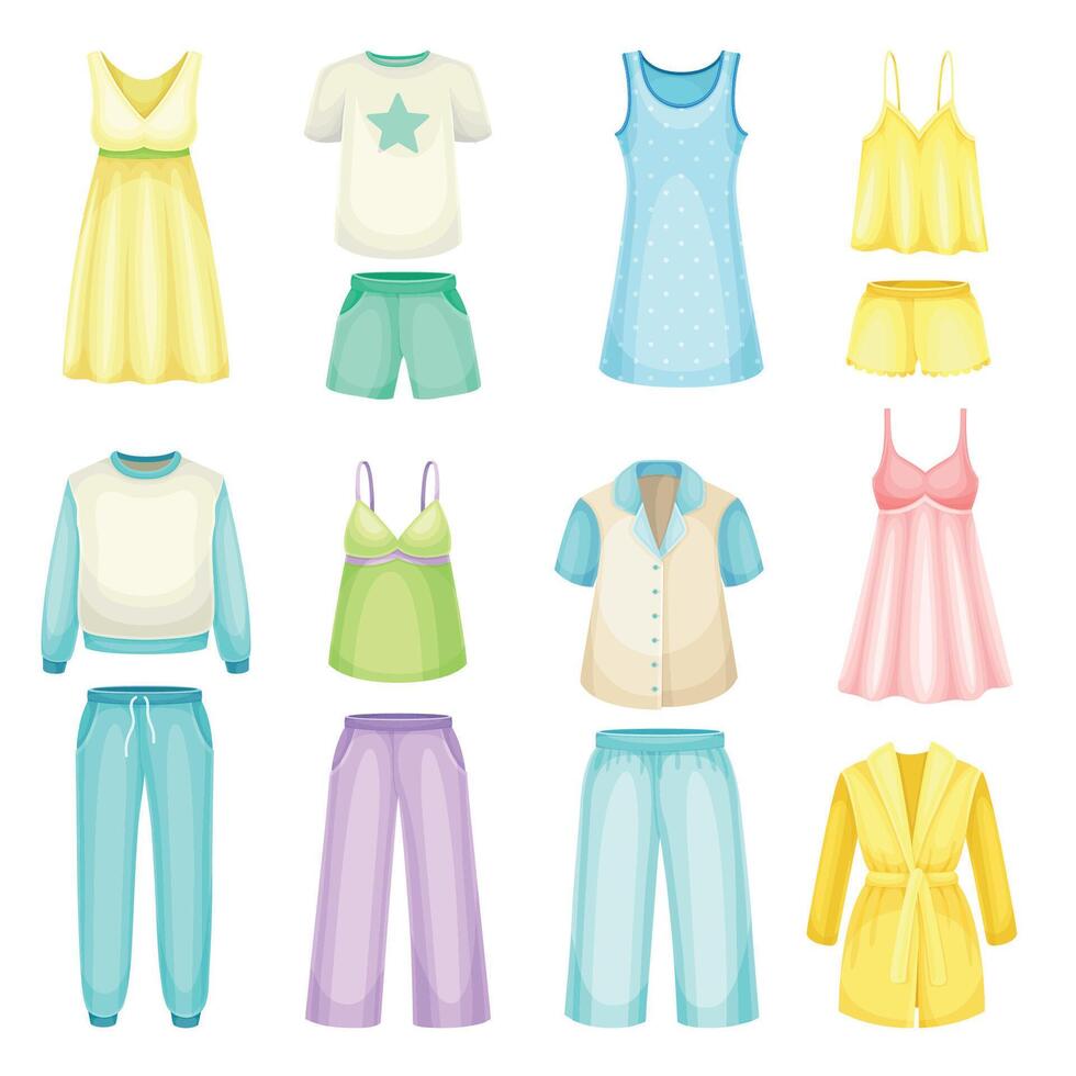 Sleepwear for women. Pajamas, nightgown, bathrobe, textile night clothes cartoon illustration vector